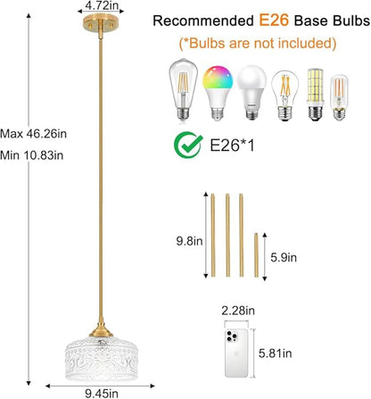 Gold Pendant Lights Kitchen Island, Vintage Bathroom Pendant Light With Clear Glass Shade, Adjustable Height Pendant Light - Dual Mount Ceiling & Hanging Fixtures With 90° Swivel For Home, E26 Bulb