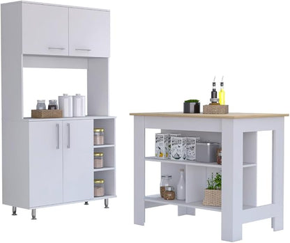 7 Shelf 4 Door 2 Kitchen Set, Kitchen Island and Cabinet White and Light Oak GE260