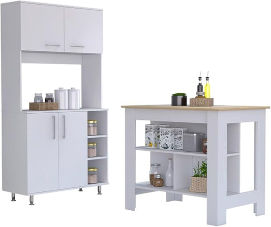 7 Shelf 4 Door 2 Kitchen Set, Kitchen Island and Cabinet White and Light Oak GE260