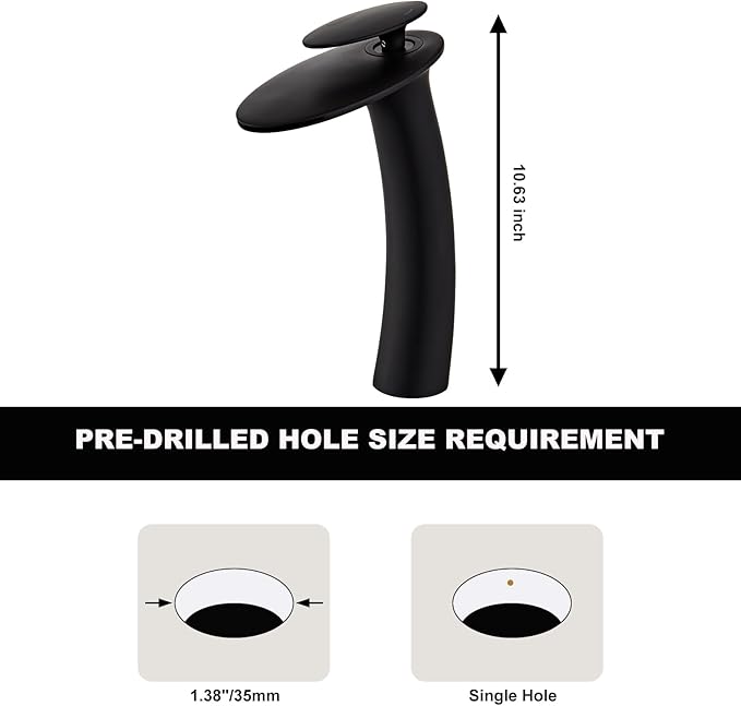 Wovier Matte Black Waterfall Bathroom Faucet,Single Handle Single Hole Brass Lavatory Vanity Vessel Faucet,Slanted Body Basin Mixer Tap Tall Body with Supply Hose and Pop Up Drain Assembly