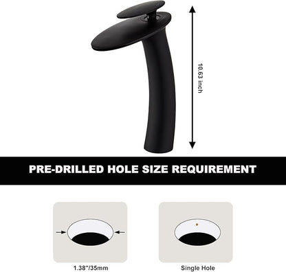 Wovier Matte Black Waterfall Bathroom Faucet,Single Handle Single Hole Brass Lavatory Vanity Vessel Faucet,Slanted Body Basin Mixer Tap Tall Body with Supply Hose and Pop Up Drain Assembly