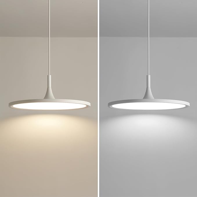 JAYMP Dining Room Modern Pendant Lighting Dimmable LED Disk Light Adjustable Height Kitchen Island Hanging Light Fixture (White, Dia 19.7 inch)