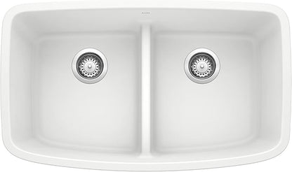 Valea Equal Double Bowl Kitchen Sink with Low Divide, White