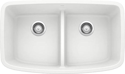 Valea Equal Double Bowl Kitchen Sink with Low Divide, White