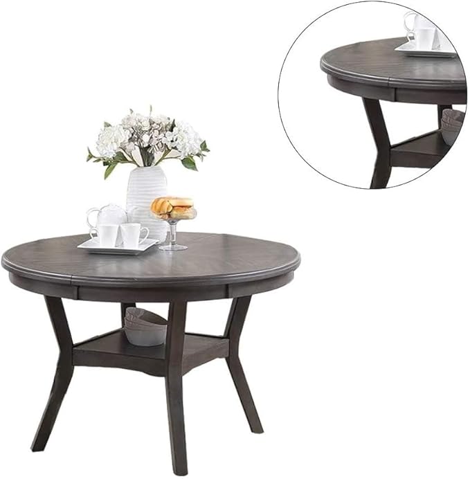 47" Classic Round Dining Table with Open Shelf, Kitchen Table with Robust Flared Legs, Elegant Restaurant Table with Sturdy Rubber Wood Construction for Living Room Kitchen Island Restaurant, Gray