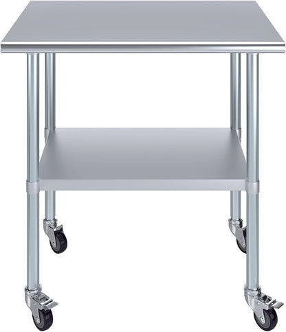 Stainless Steel Work Table with Wheels | NSF Kitchen Island Food Prep | Laundry Garage Utility Bench (Table + Wheels, 36" Long x 24" Deep)