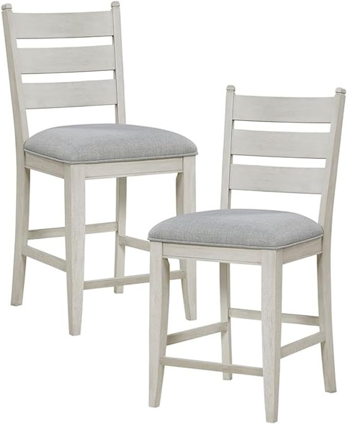 Pemberly Row Counter Height Chairs - Set of 2, Gray Upholstered Textured Seats, Weathered White Solid Wood Frame, Rustic Style for Kitchen Islands or Bar Areas, 250lb Capacity, 19x17.5x25 in