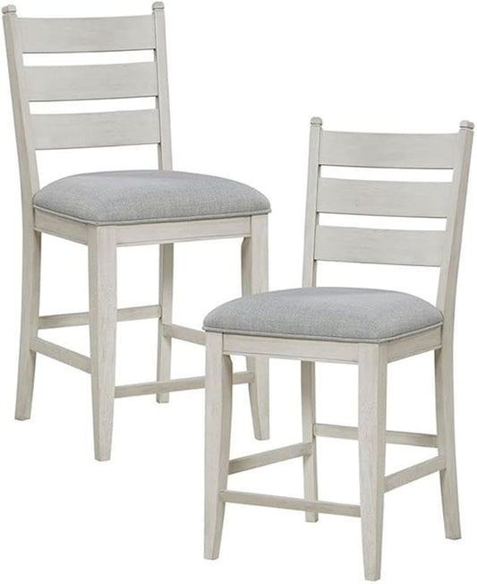 Pemberly Row Counter Height Chairs - Set of 2, Gray Upholstered Textured Seats, Weathered White Solid Wood Frame, Rustic Style for Kitchen Islands or Bar Areas, 250lb Capacity, 19x17.5x25 in