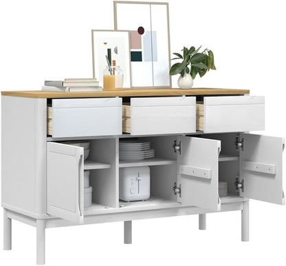 White Solid Pine Sideboard Buffet Cabinet 44.9 x 29.1 in, Modern Matte Console Credenza with 2 Drawers & 3 Doors, Versatile Bar Storage Furniture for Living Room Dining Kitchen