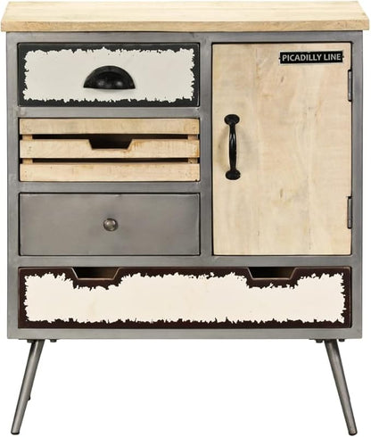 Mid-Century Modern Sideboard, Natural Mango Wood, Steel Accents, 25.6" Long, Brown Lacquered Finish, Buffet Cabinet with 4 Drawers, Living Room Furniture Storage Kitchen Furniture