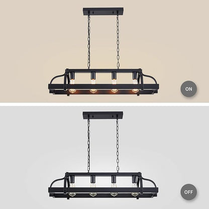 WUZUPS 4-Light Metal Pot Hanging Rack Chandelier Linear Pendant Ceiling Lighting Rustic Farmhouse Fixture Kitchen Island Dining Room, H 9.8" x L 34.6" x W11.8, E26 Base, Black