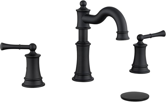 Roman Bathroom Sink-Faucet 3-Holes, Matte Black Rotated Spout Vanity Basin Faucets 3 Holes 2 Handles 8 inches Widespread Deck Mount Brass Faucet for Sink with Overflow Pop Up Drain NL2204-BK