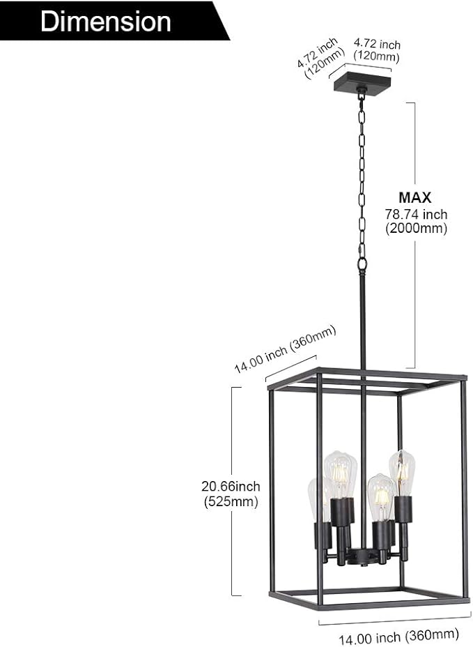 VINLUZ Classic Foyer Pendant Lighting 6 Light Black Farmhouse Chandelier Finish with Square Cage Shades Fixtures for Kitchen Dining Room Entryway