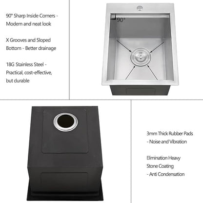 HOTIS Drop In Bar Sink, 15 x 20 Inch Small Kitchen Sink, 304 Stainless Steel Topmount Workstation Sinks, Handmade 16 Gauge Single Bowl Kitchen Sinks with Dish Grid & Drain and Cutting Board