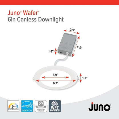 Juno LED Recessed Lights 6 Inch Round Wafer Downlight, 5-in-1 Switchable White Color Temperature, 120 Volts, 6-Inch Ultra-Thin Flat Trim, Matte White, 4-Pack (WF6 SWW5 90CRI MW CP4 M2)