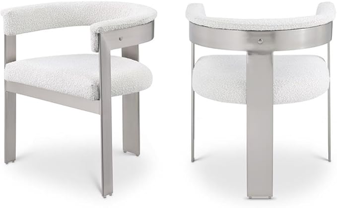 Pemberly Row Contemporary Dining Chair Set, Cream Boucle Fabric, Brushed Chrome Metal Frame, 23.5" W x 21.5" D x 28" H, Modern Upholstered Seating for Kitchen or Dining Room