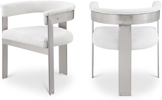 Pemberly Row Contemporary Dining Chair Set, Cream Boucle Fabric, Brushed Chrome Metal Frame, 23.5" W x 21.5" D x 28" H, Modern Upholstered Seating for Kitchen or Dining Room