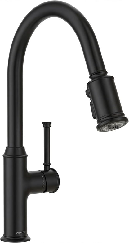 Lava Odoro Curtura Matte Black Kitchen Faucet with Pull-Down Sprayer, Single Handle Kitchen Sink Faucet Black Faucet for Kitchen Sink 1 Hole, Deck Plate Included, 1.8 GPM, KF421-MB