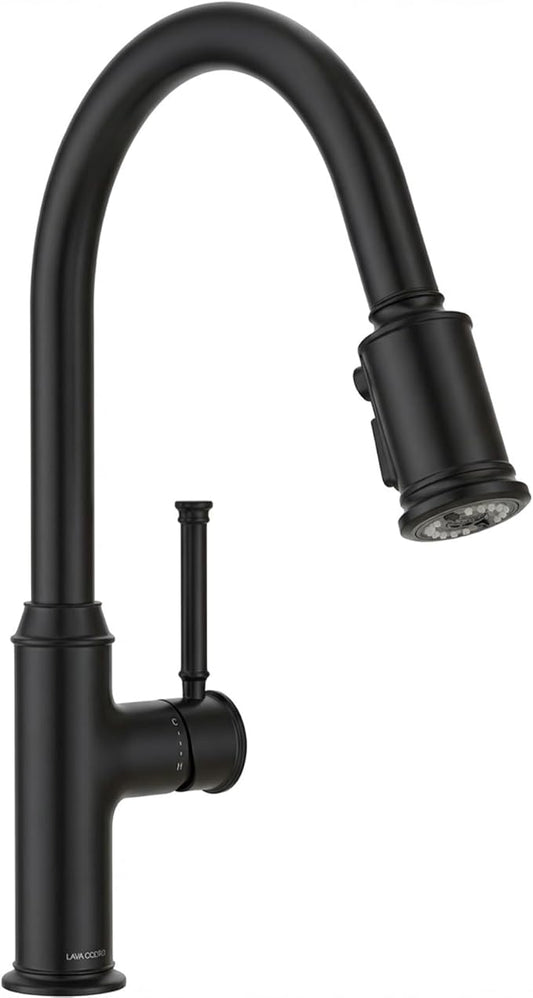 Lava Odoro Curtura Matte Black Kitchen Faucet with Pull-Down Sprayer, Single Handle Kitchen Sink Faucet Black Faucet for Kitchen Sink 1 Hole, Deck Plate Included, 1.8 GPM, KF421-MB