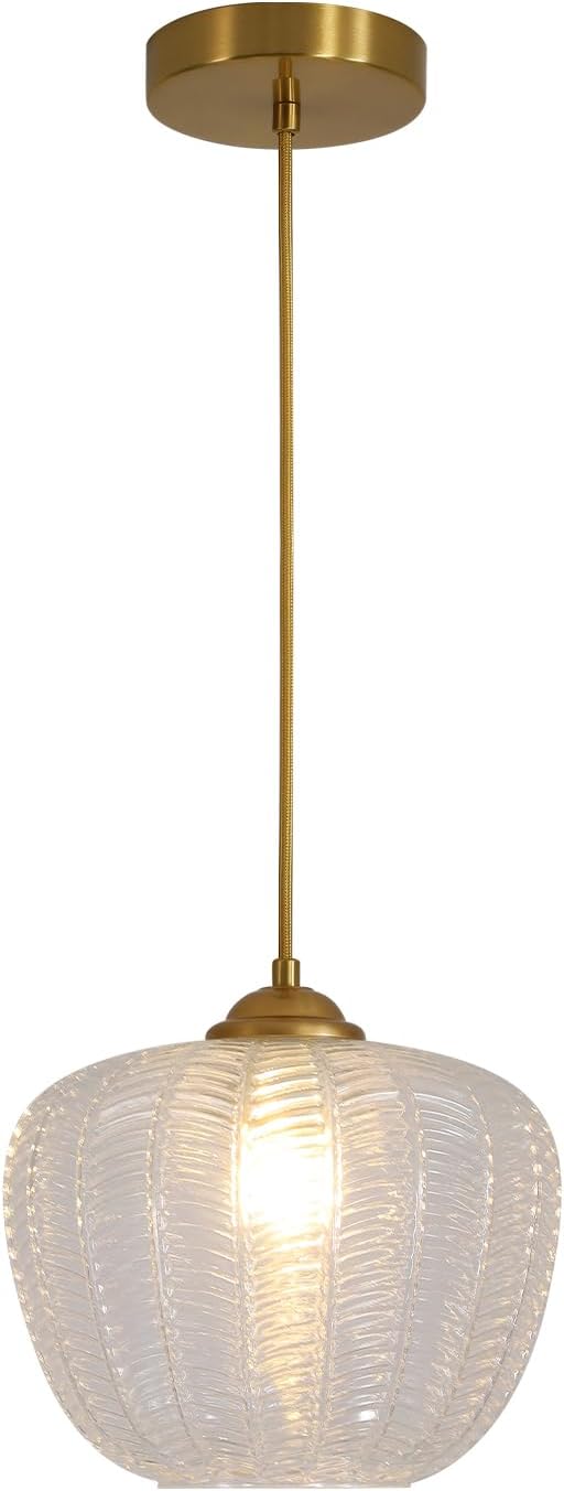 KCO Lighting Clear Glass Pendant Lights Kitchen Island Light Fixture Vintage Ribbed Glass Ceiling Light Antique Brass Pendant Light Gold Globe Pendant Light Fixture