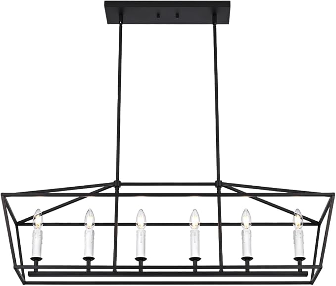 BONLICHT Modern Farmhouse Rectangle Dining Room Light Fixtures Black 6 Light Linear Chandelier Industrial White Kitchen Island Pendant Lighting Classic Ceiling Lights with Adjustable Rods, E12 Base