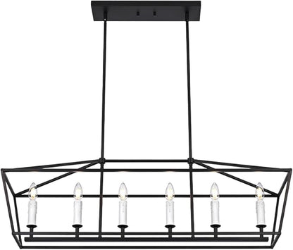 BONLICHT Modern Farmhouse Rectangle Dining Room Light Fixtures Black 6 Light Linear Chandelier Industrial White Kitchen Island Pendant Lighting Classic Ceiling Lights with Adjustable Rods, E12 Base