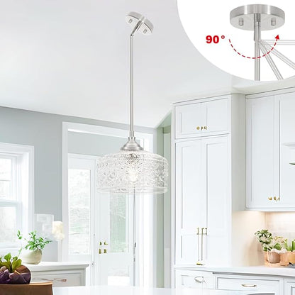Modern Brushed Nickel Pendant Lights Kitchen Island, Bathroom Pendant Light with Clear Glass, Pendant Lighting over Island with Adjustable Rod, Farmhouse Hanging Light for Dining Room Hallway, E26