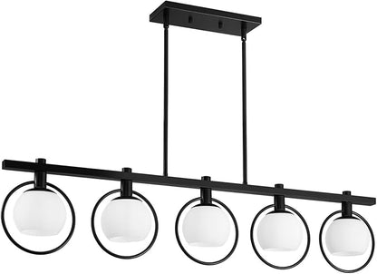 WJShome Dining Room Light Fixture/Chandelier Over Table, 5-Light Modern Kitchen Island Lighting Hanging for Farmhouse Linear Chandeliers Matte Black Ceiling Pendant Light Fixtures with Glass Shade
