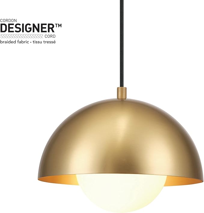 Globe Electric 1-Light Plug-in Pendant Light, Matte Brass Finish, Frosted Glass Shade, 15-Ft Braided Cord, Retro Modern Lighting, 65696