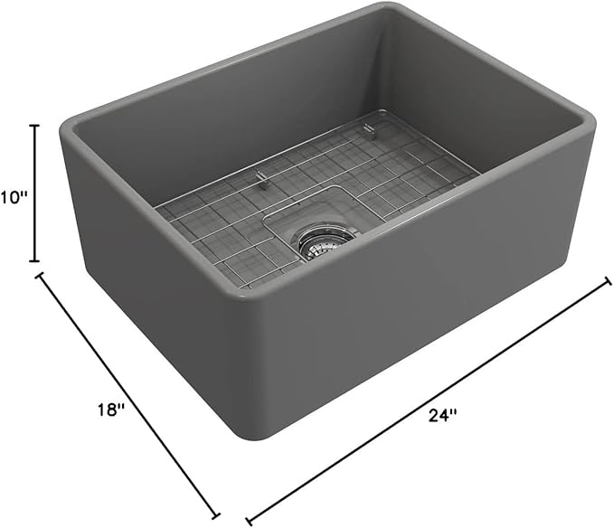 BOCCHI Classico Farmhouse Apron Front Fireclay 24 in. Single Bowl Kitchen Sink with Protective Bottom Grid and Strainer in M.Gray