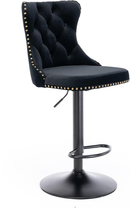 Swivel Velvet Bar Stools Set of 2, Adjustable Seat Height 25-33 Inch with Backs, Black Upholstered Barstools with Tufted Back, Rivets, Ergonomic Waist Support, Chrome Base for Kitchen Island
