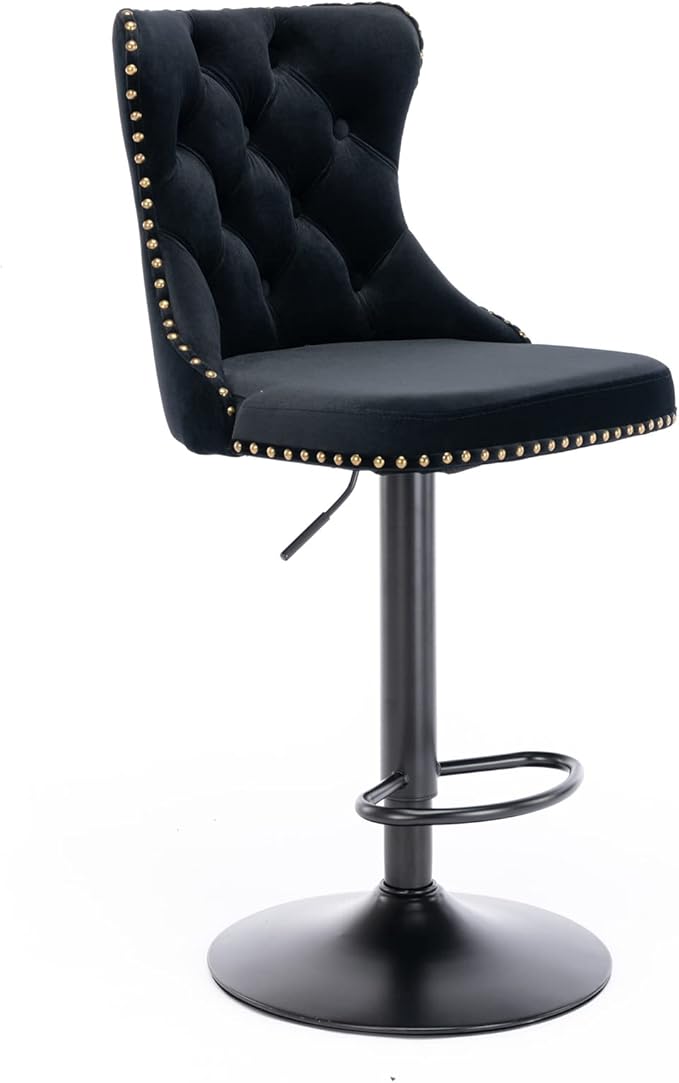 Rhomtree Velvet Swivel Bar Stools Upholstered Bar Stool with Button Tufted Back and Pull Ring Height Adjustable Barstools 25-33 Inch for Home Pub and Kitchen Island (Black with Black Bas, Set of 6)