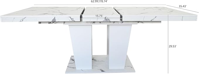 63" - 79" Extendable Dining Room Table, Expandable Kitchen Table for 6 to 10 People, Modern Wood Conference Table, Large Dining Table(Faux White Marble, Pedestal Base B)