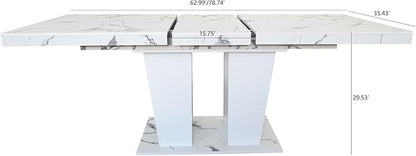 63" - 79" Extendable Dining Room Table, Expandable Kitchen Table for 6 to 10 People, Modern Wood Conference Table, Large Dining Table(Faux White Marble, Pedestal Base B)