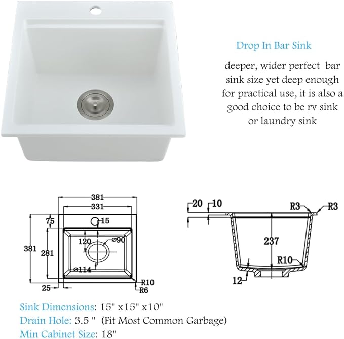 15 Inch White Drop In Bar Sink Workstation -Bokaiya 15x15 Quartz Outdoor Rv Wet Bar Sink Single Bowl Small Drop In Kitchen Sinks with Cutting Board