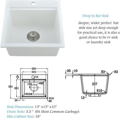 15 Inch White Drop In Bar Sink Workstation -Bokaiya 15x15 Quartz Outdoor Rv Wet Bar Sink Single Bowl Small Drop In Kitchen Sinks with Cutting Board