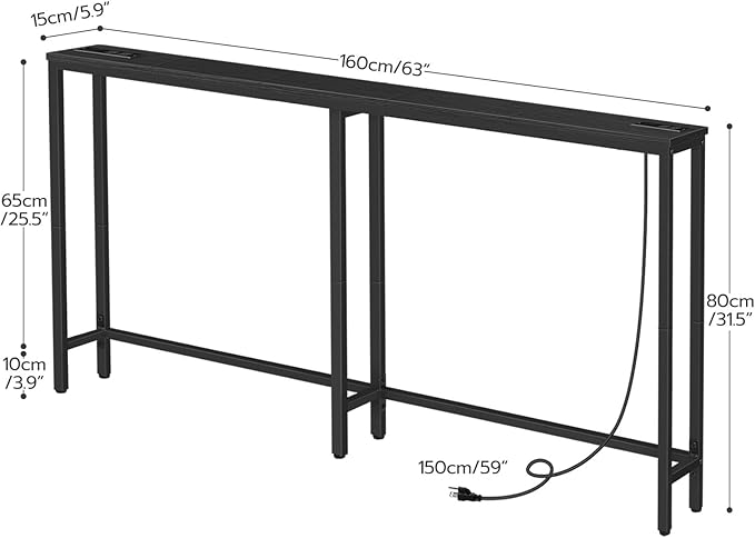 HOOBRO 63" Narrow Console Table with Charging Station, 5.9" Slim Sofa Table Behind Couch, 2 AC Outlets & USB-C Ports, Long Entryway Tables for Small Spaces, Livingroom, Black BB165UXG01G1
