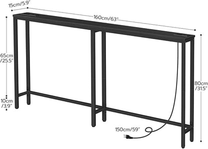 HOOBRO 63" Narrow Console Table with Charging Station, 5.9" Slim Sofa Table Behind Couch, 2 AC Outlets & USB-C Ports, Long Entryway Tables for Small Spaces, Livingroom, Black BB165UXG01G1