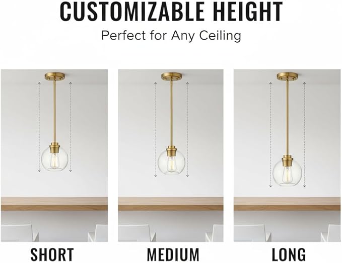 Gold Pendant Light, 7 Inch Clear Glass Farmhouse Hanging Fixture, Adjustable Height & Sloped Ceiling Compatible for Kitchen Island Dining Room Entryway Bedroom Hallway, 2 Pack