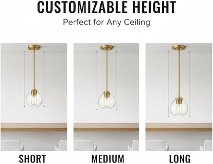 Gold Pendant Light, 7 Inch Clear Glass Farmhouse Hanging Fixture, Adjustable Height & Sloped Ceiling Compatible for Kitchen Island Dining Room Entryway Bedroom Hallway, 2 Pack