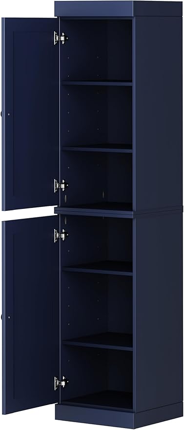 Palace Imports Solid Wood Kitchen Pantry - Narrow Storage Cabinet - Raised Panel Doors, Adjustable Shelves, Navy Blue, 16.5" Wide x 71.5" Tall, 100% Eco-Friendly Wood, Modular Pantry Cabinet Systems