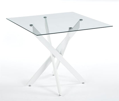 36'' Square Glass Dining Table for 2-4, X-Shape White Metal Legs, Glass Tea Table Square Kitchen Table for Small Space