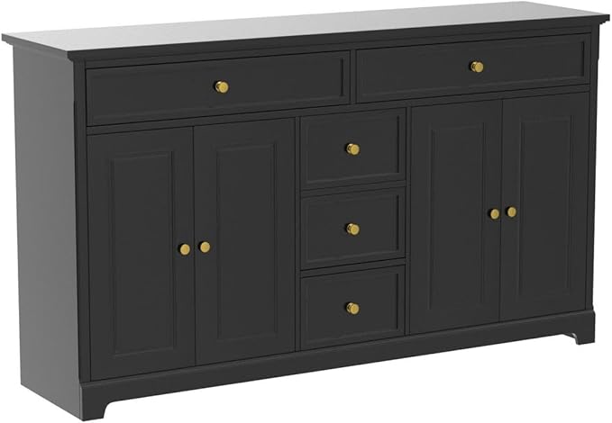 ECACAD Sideboard Buffet Cabinet with 4 Storage Compartments & 5 Drawers, Kitchen Console Table Storage Cabinet Coffee Bar for Living Room, Hallway, Black