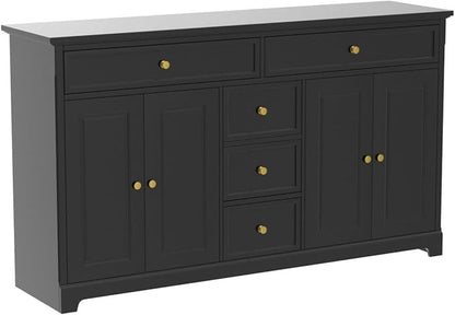 ECACAD Sideboard Buffet Cabinet with 4 Storage Compartments & 5 Drawers, Kitchen Console Table Storage Cabinet Coffee Bar for Living Room, Hallway, Black