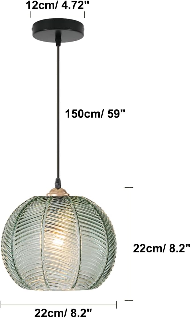 Green Glass Globe Pendant Light Fixture, Mid Century Modern Adjustable Height Hanging Pendant Lighting, Vintage Pendant Lamp for Kitchen Island Dining Room Living Room Bedroom