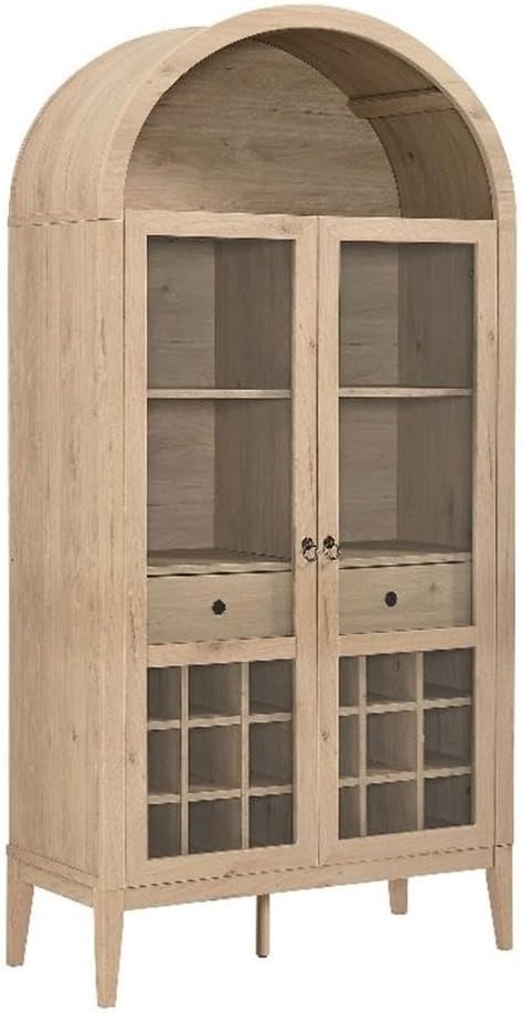 Modway Nolan Modern Farmhouse Arched Bar Cabinet in Light Oak Wood Grain - 72 Inch Tall Wine Storage Cabinet with Glass Doors and Wine Rack - Large Liquor Cabinet for Dining or Living Room