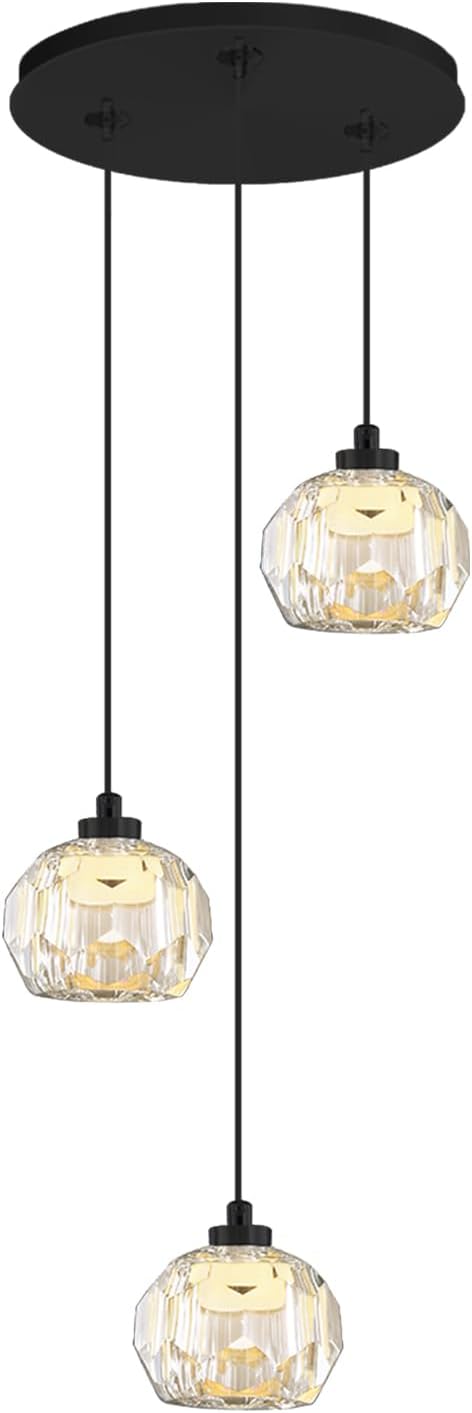 3-Light Crystal Pendant Light Black LED Crystals Ball Chandeleir Enhance Kitchen Island, Bathroom, Bedroom, and Bar