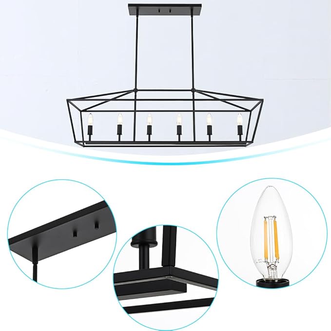 BONLICHT 6 Light Farmhouse Chandelier Black Modern Linear Kitchen Island Lights Industrial Vintage Candle-Style Dining Room Lighting Fixture Hanging Foyer Ceiling Lights with Adjustable Rods,E12 Base