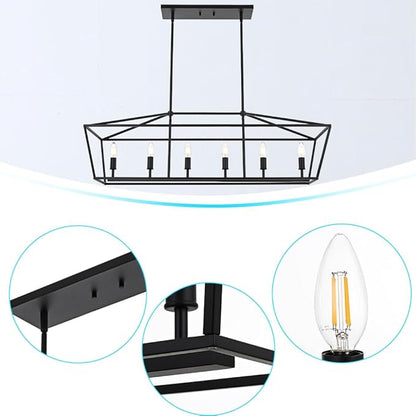 BONLICHT 6 Light Farmhouse Chandelier Black Modern Linear Kitchen Island Lights Industrial Vintage Candle-Style Dining Room Lighting Fixture Hanging Foyer Ceiling Lights with Adjustable Rods,E12 Base