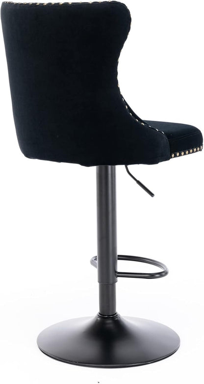 Rhomtree Velvet Swivel Bar Stools Upholstered Bar Stool with Button Tufted Back and Pull Ring Height Adjustable Barstools 25-33 Inch for Home Pub and Kitchen Island (Black with Black Bas, Set of 4)